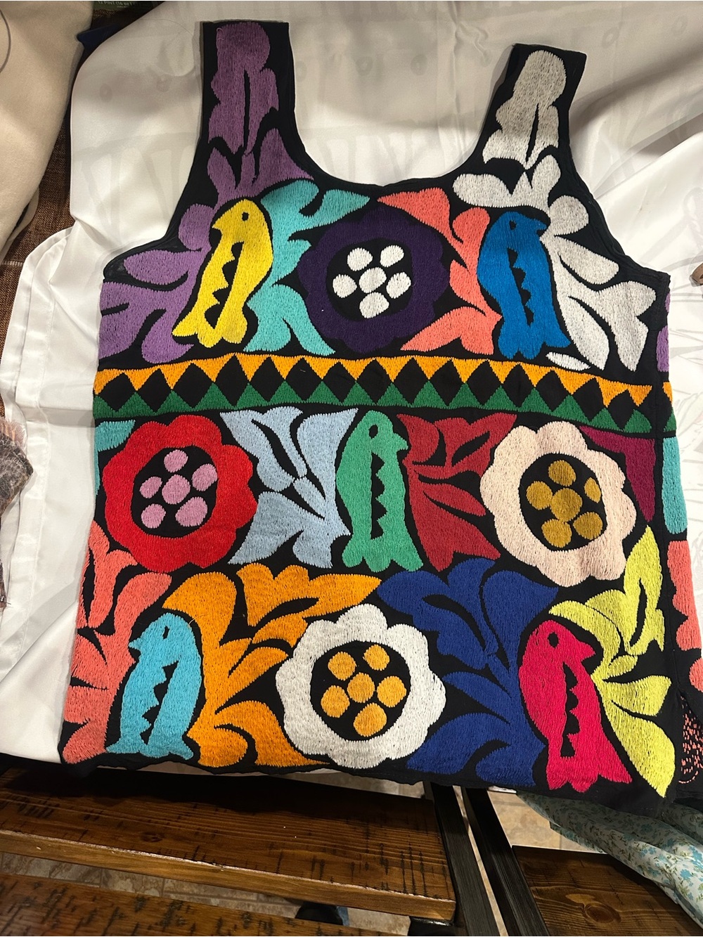 Artisan Multicolor Embroidered Floral & Bird Tank Top